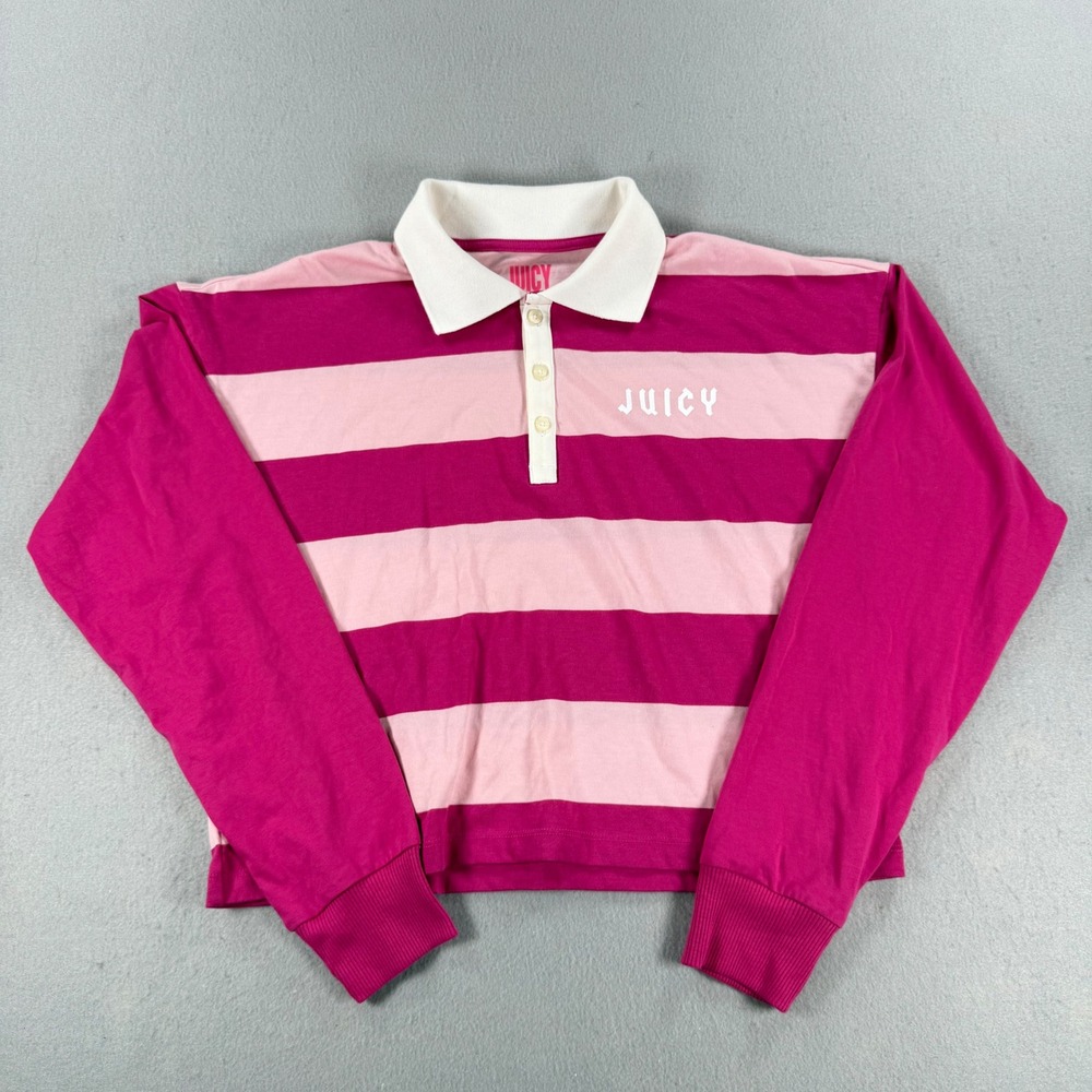 Y2k Juicy by Juicy Couture Pink Striped Long Sleeve Cropped Rugby Polo Small